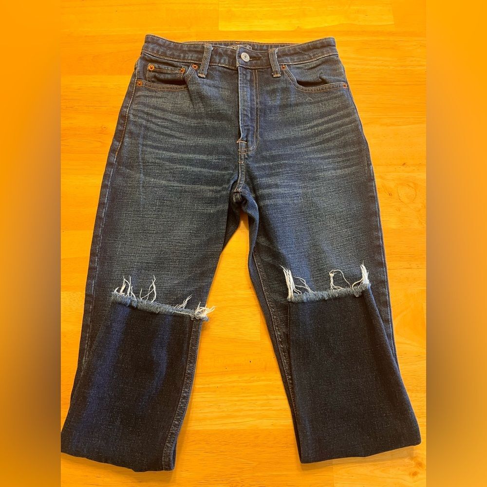Abercrombie & Fitch Blue Straight Leg Jeans with Distressed Details
